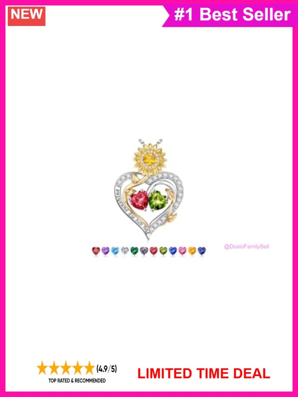 925 Sterling Silver Sunflower Heart Pendant Necklace Double Birthstone
